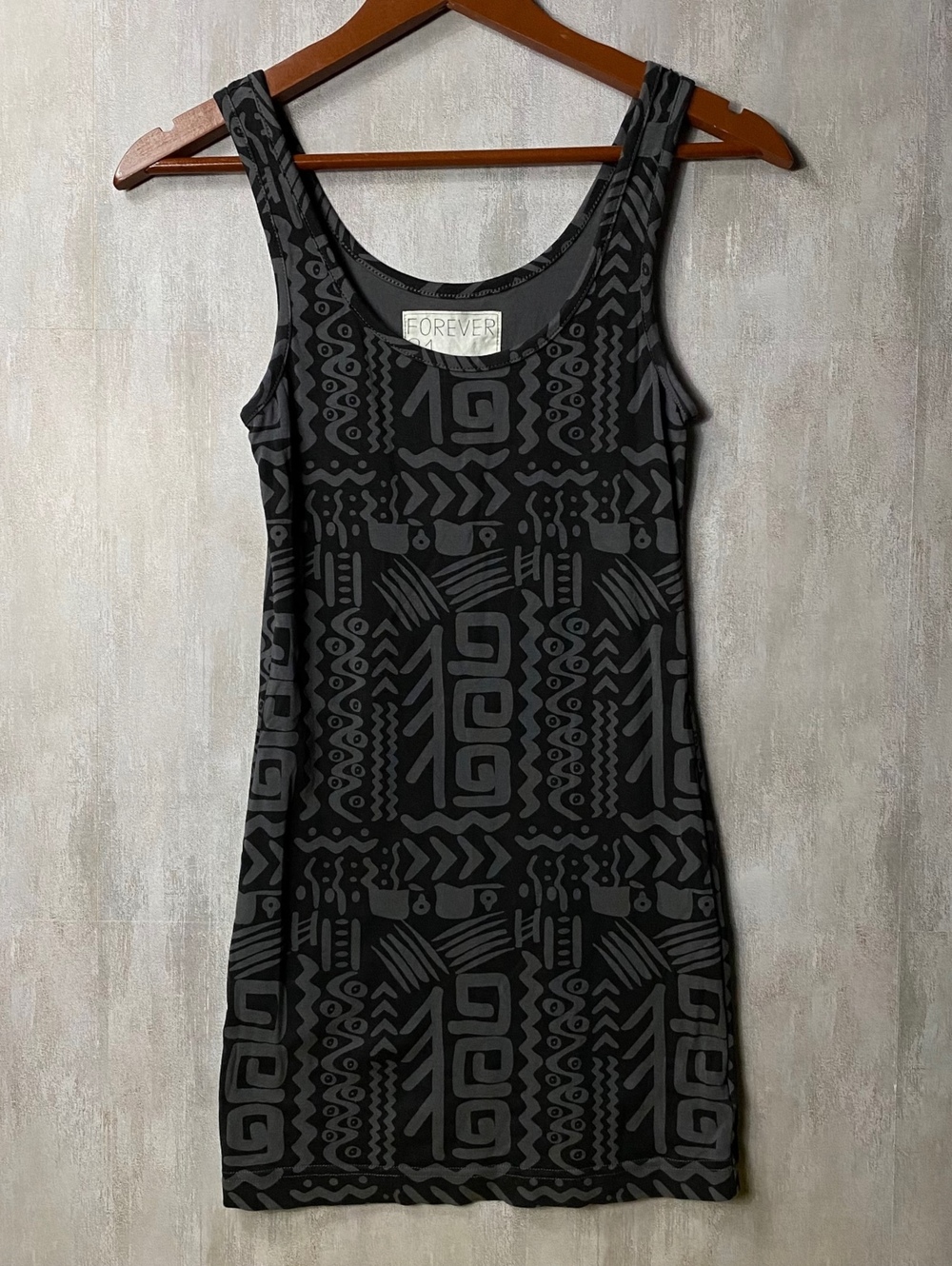Vintage Forever 21 Tribal Print Tank Dress Womens S Charcoal Gray Y2K Bodycon